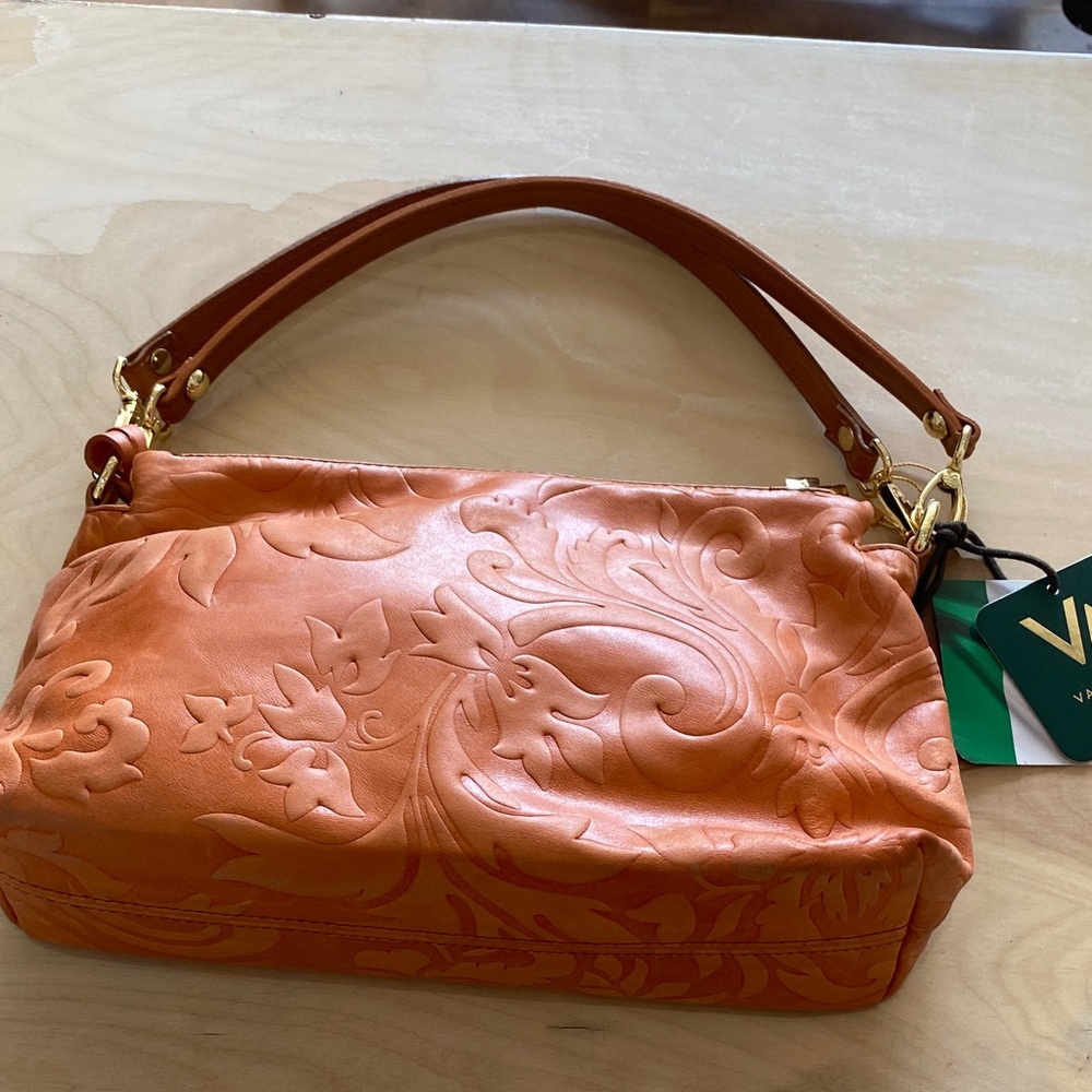 Valentina embossed Floral Leather Shoulder Bag - Orange